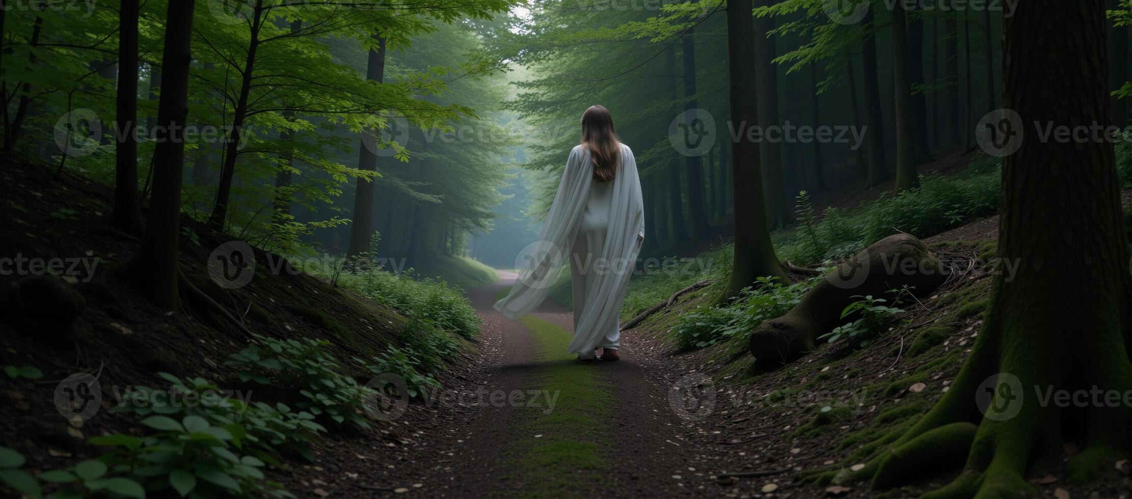 Ghost depicted standing on a woodland trail within a dense spooky forest photo
