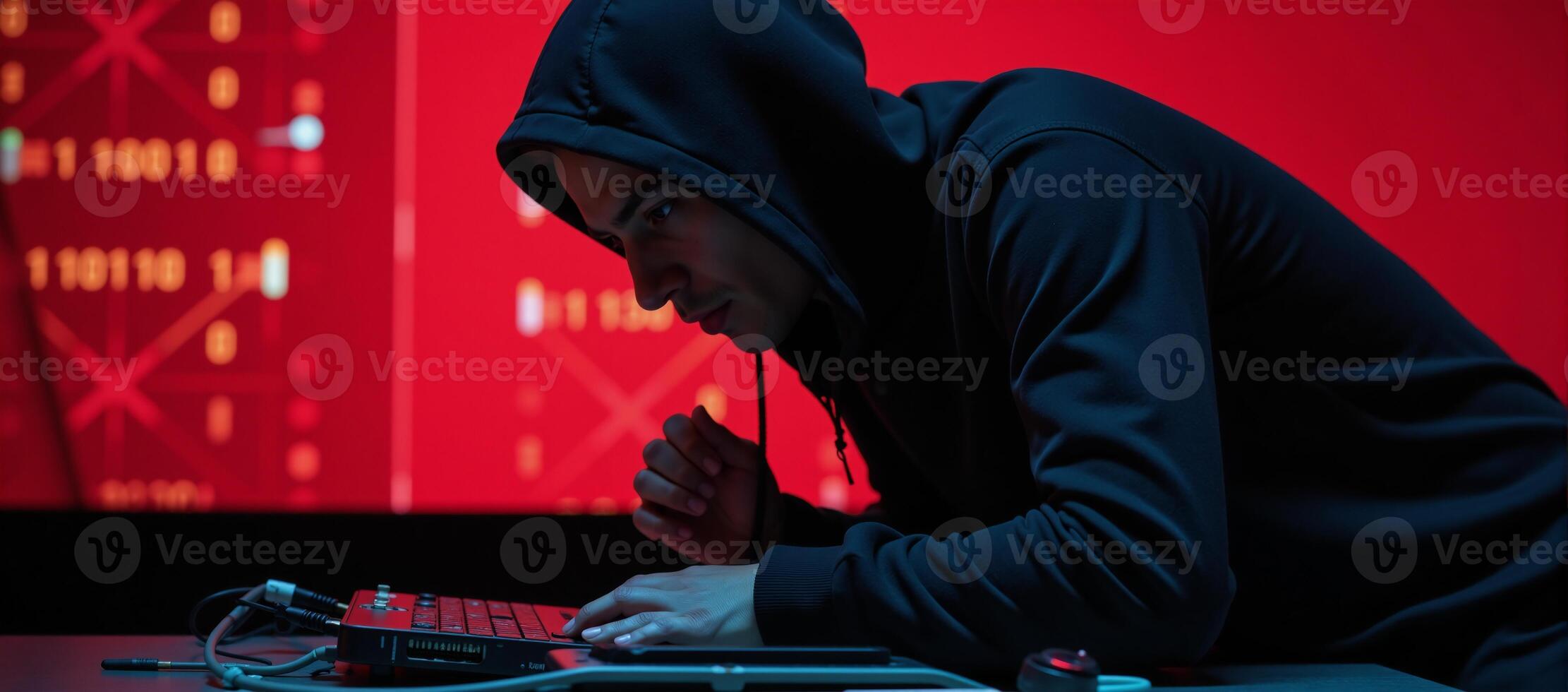 Digital illustration Hacker atop hood against glowing neonred background symbolizing cyber threat and security concern photo