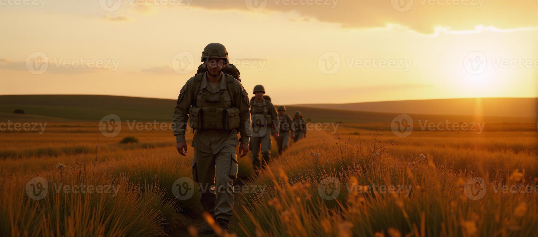 Soldiers walk through a sunlit field at dusk with warm sunlight casting an ethereal glow photo