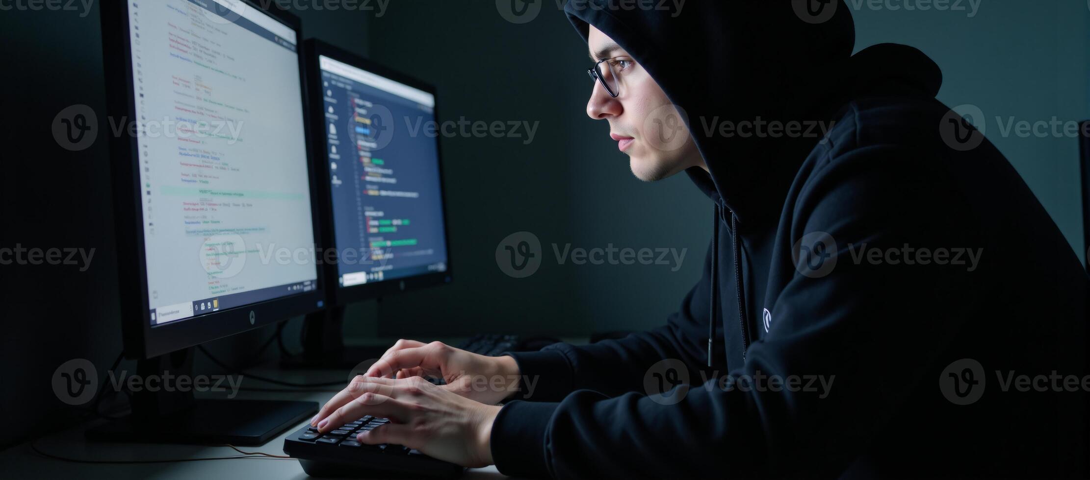 Digital illustration showcases a hacker at work with hightech equipment surrounding them photo