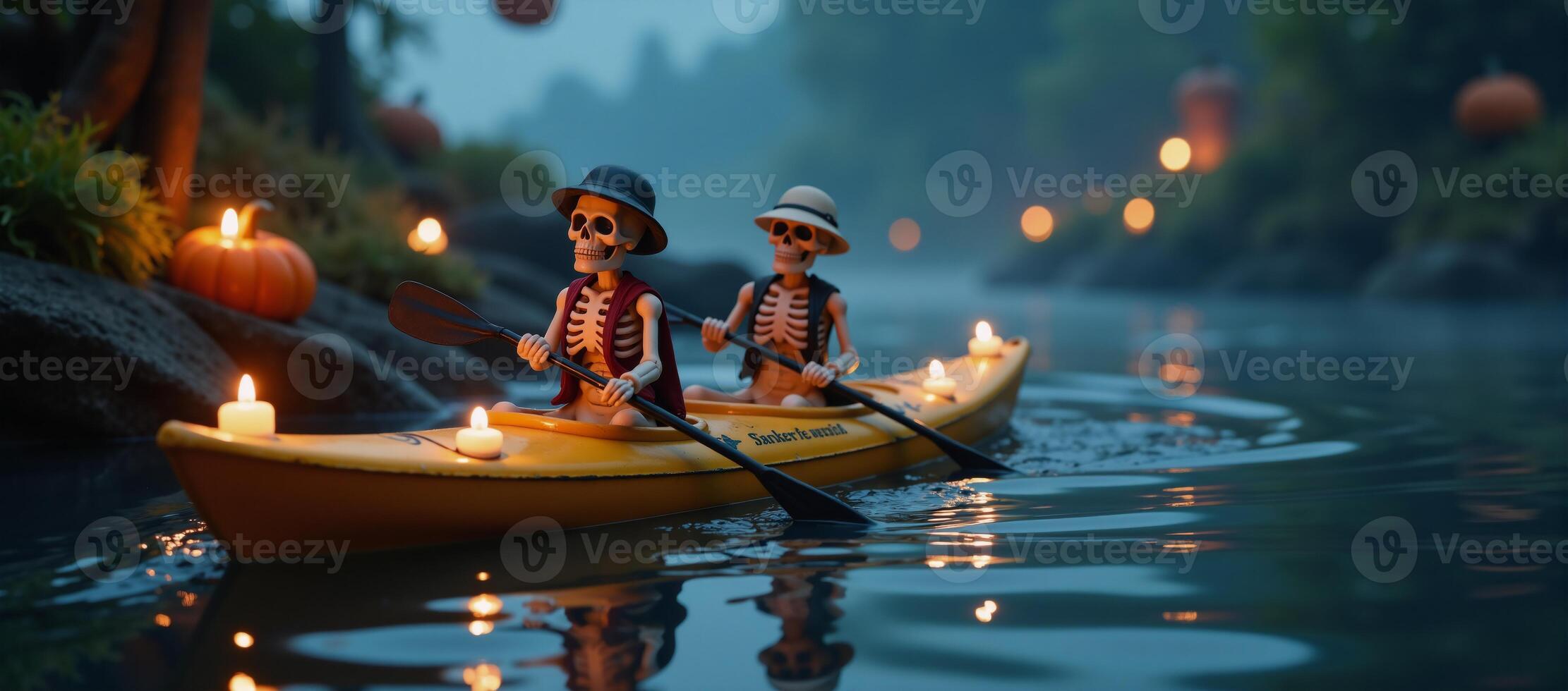 Two adventurous skeletons go kayaking under candlelight creating a fusion of whimsy and intrigue photo