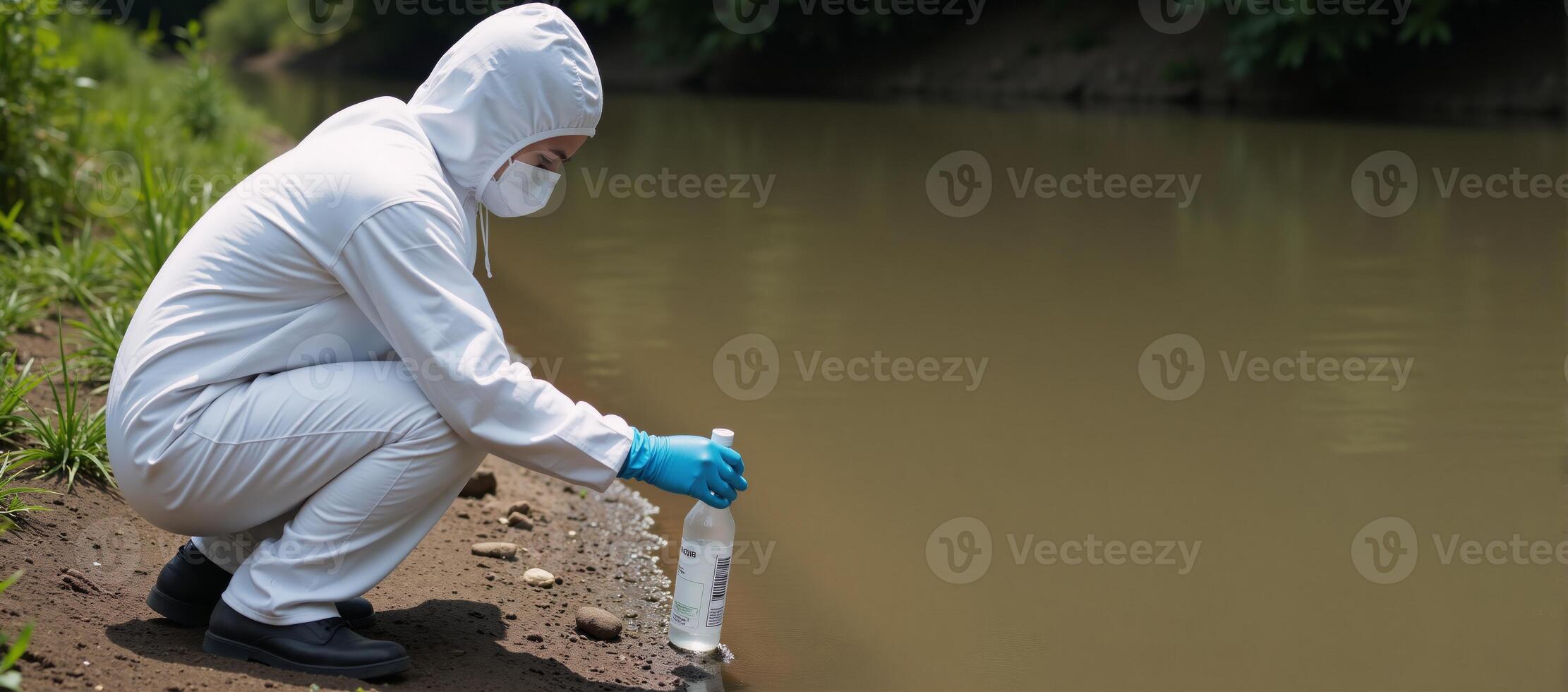 Research scientist collects contaminated riverwater sample using protective gear photo