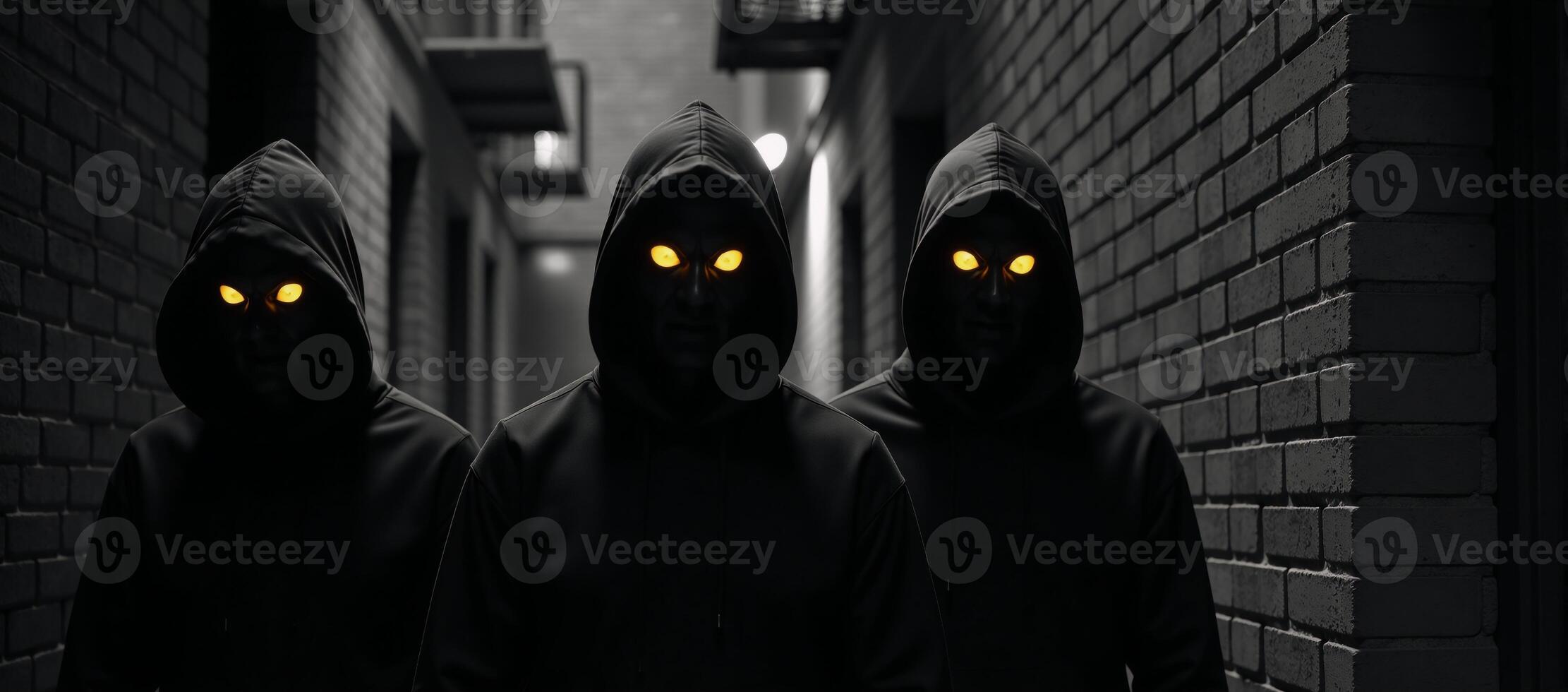 Three sinister hooded figures with glowing yellow eyes are seen lurking in a dark alleyway photo