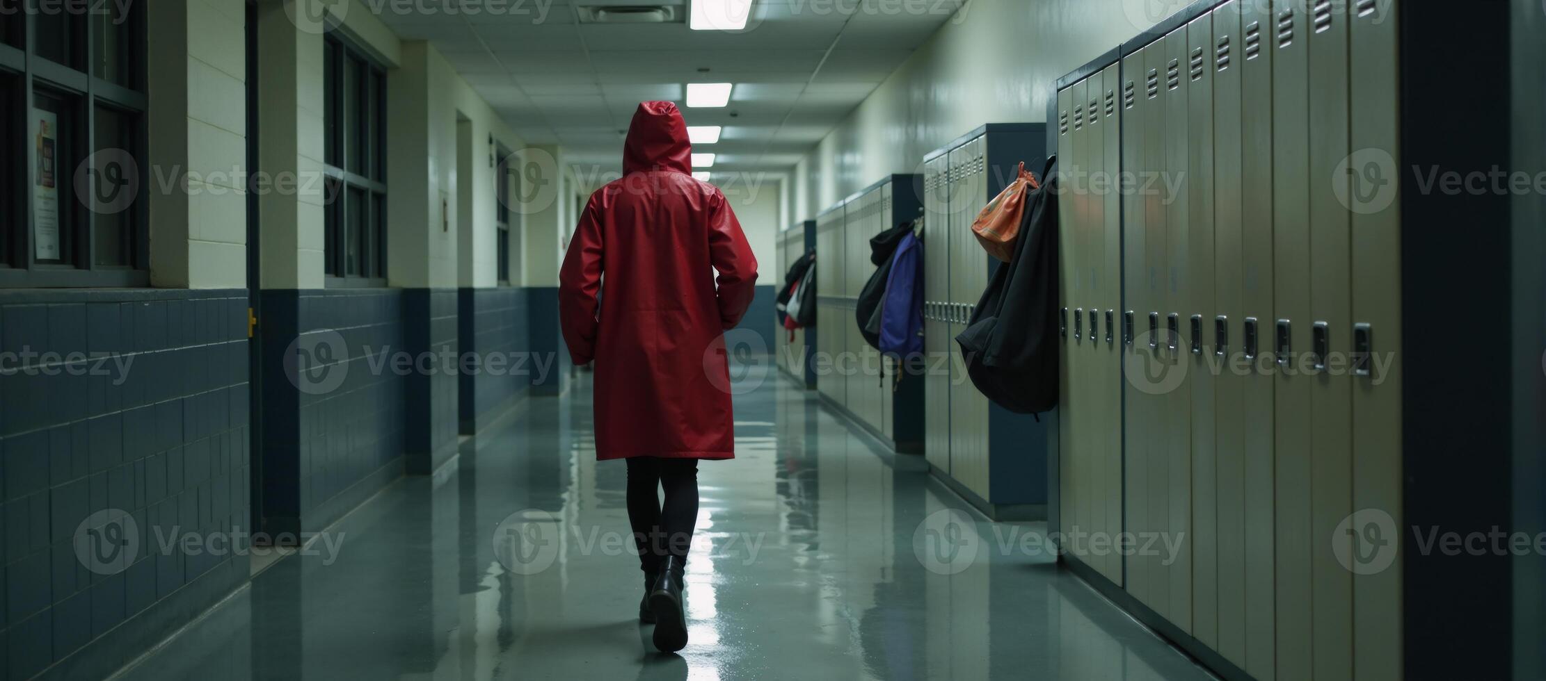 A person walking through a rainy brightlit hallway lined with lockers wearing a red raincoat photo