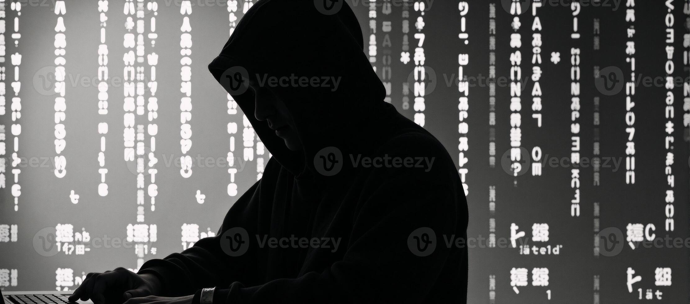 Image portrays a Matrixinspired hackers silhouette wearing a hoodie with distinctive patterns photo