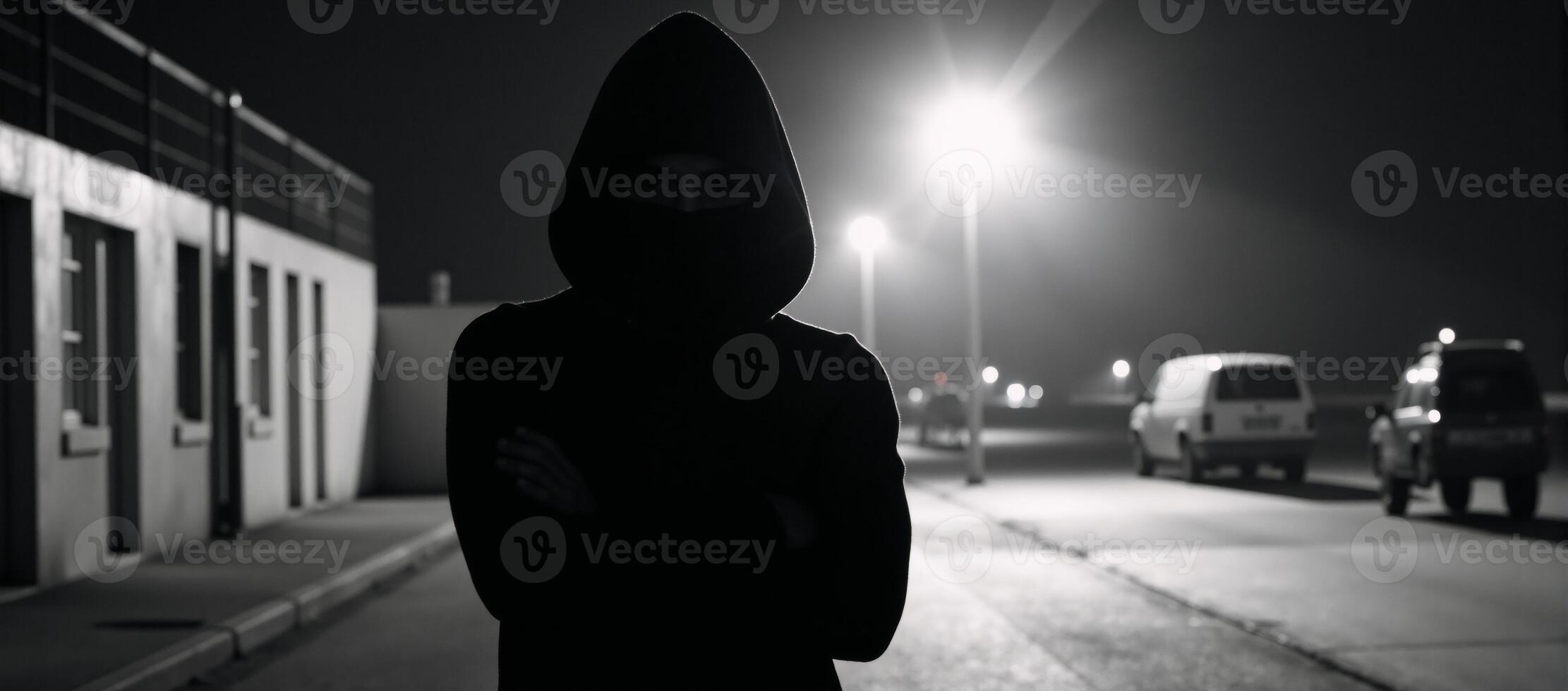 A hooded criminal or hacker is depicted with a dark silhouette in an ominous and faceless portrayal photo