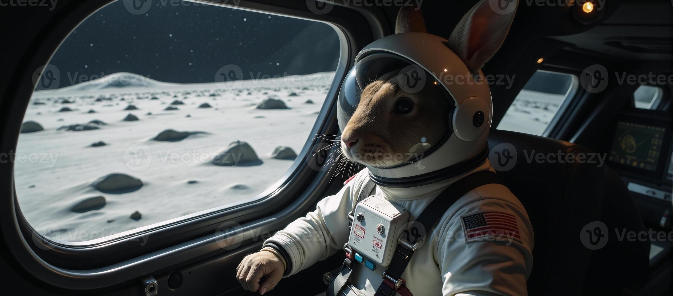 Rabbit piloting spaceship to moon Space travel anthropomorphic rabbit pilot photo