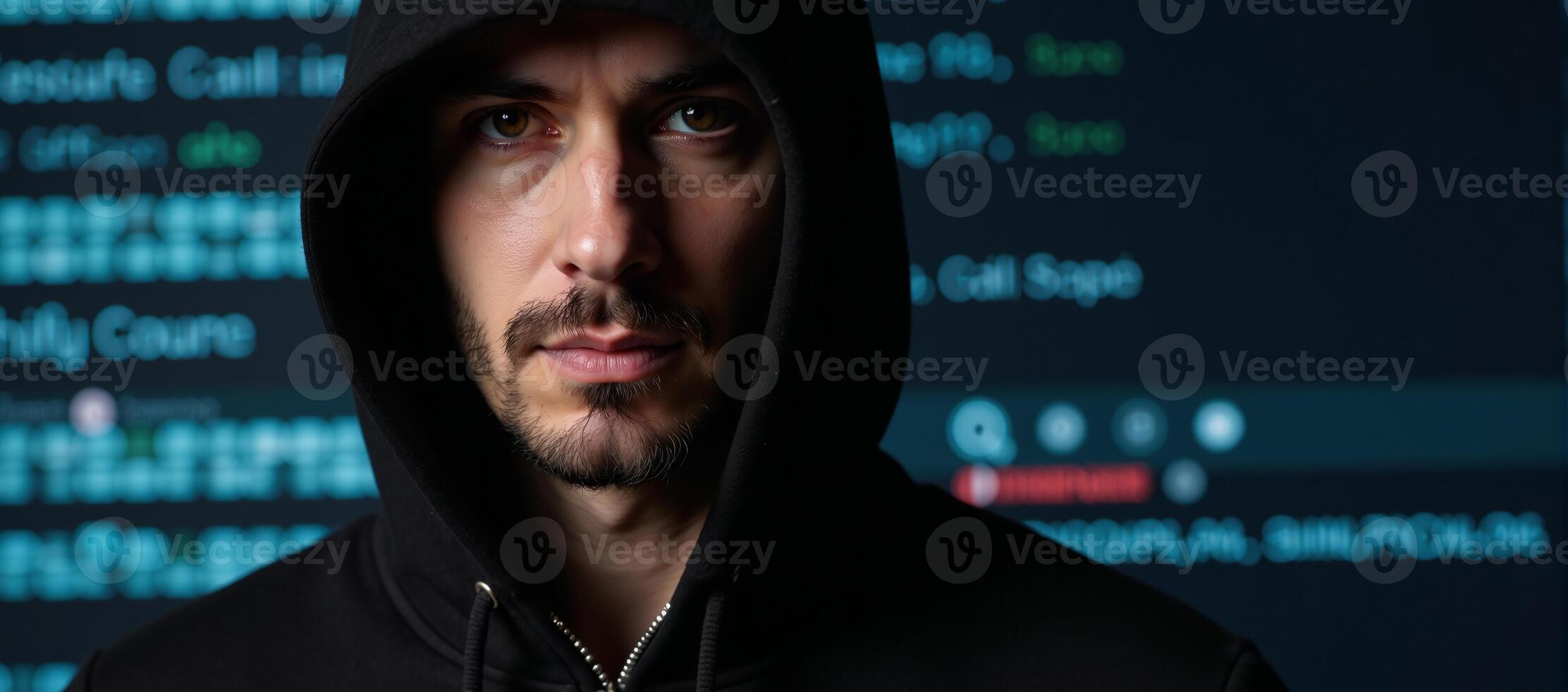 Hooded man with determined look holds emblem of protection before a digitally crafted backdrop photo