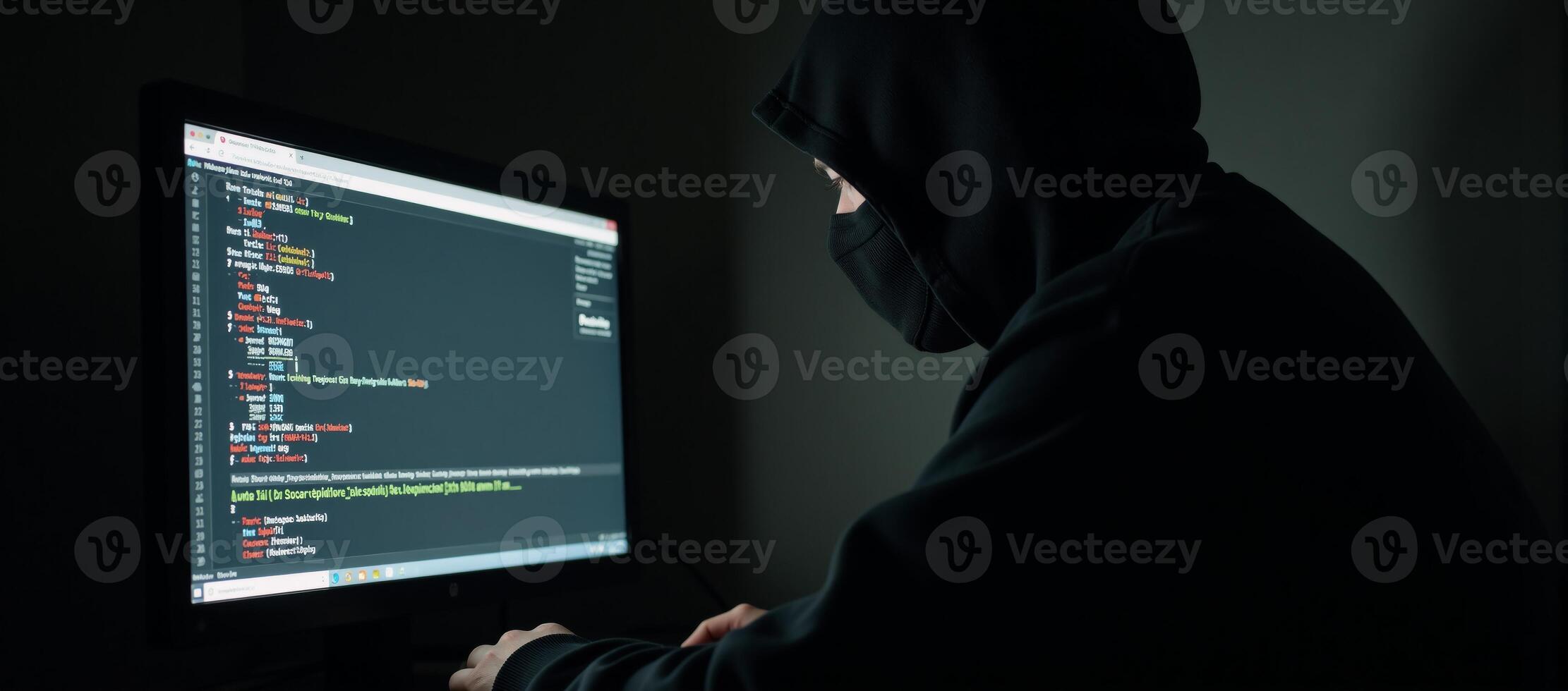 Dark Web Marketplace depicts hooded hacker engaging in Bitcoin transaction signifying secret realm of digital currency cybercrime photo