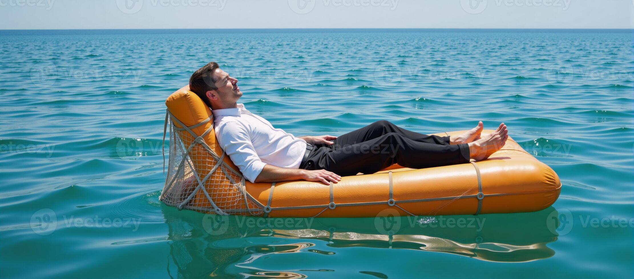 Businessman reclining on safety net raft amidst serene ocean waves evoking themes of corporate tranquility and peace photo