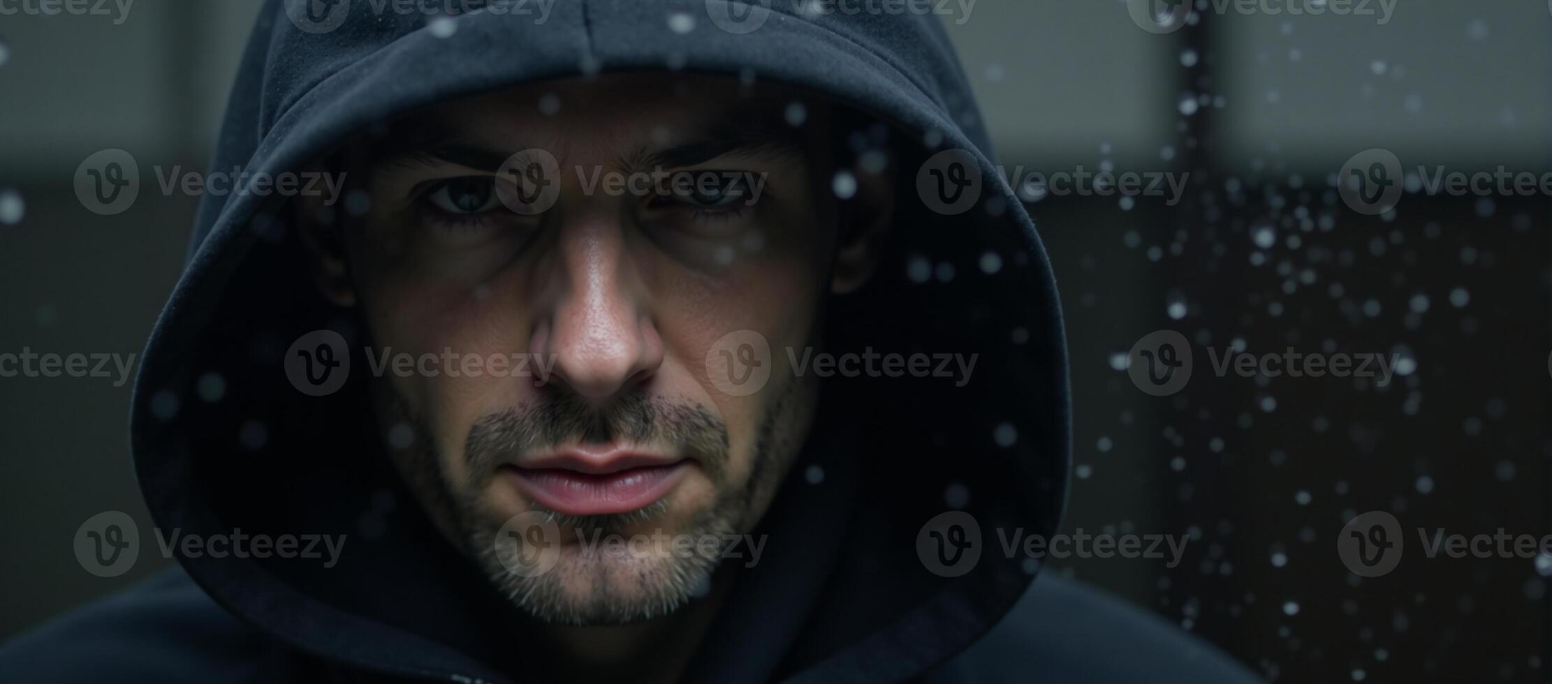 A mysterious figure with piercing gaze peering through a window photo