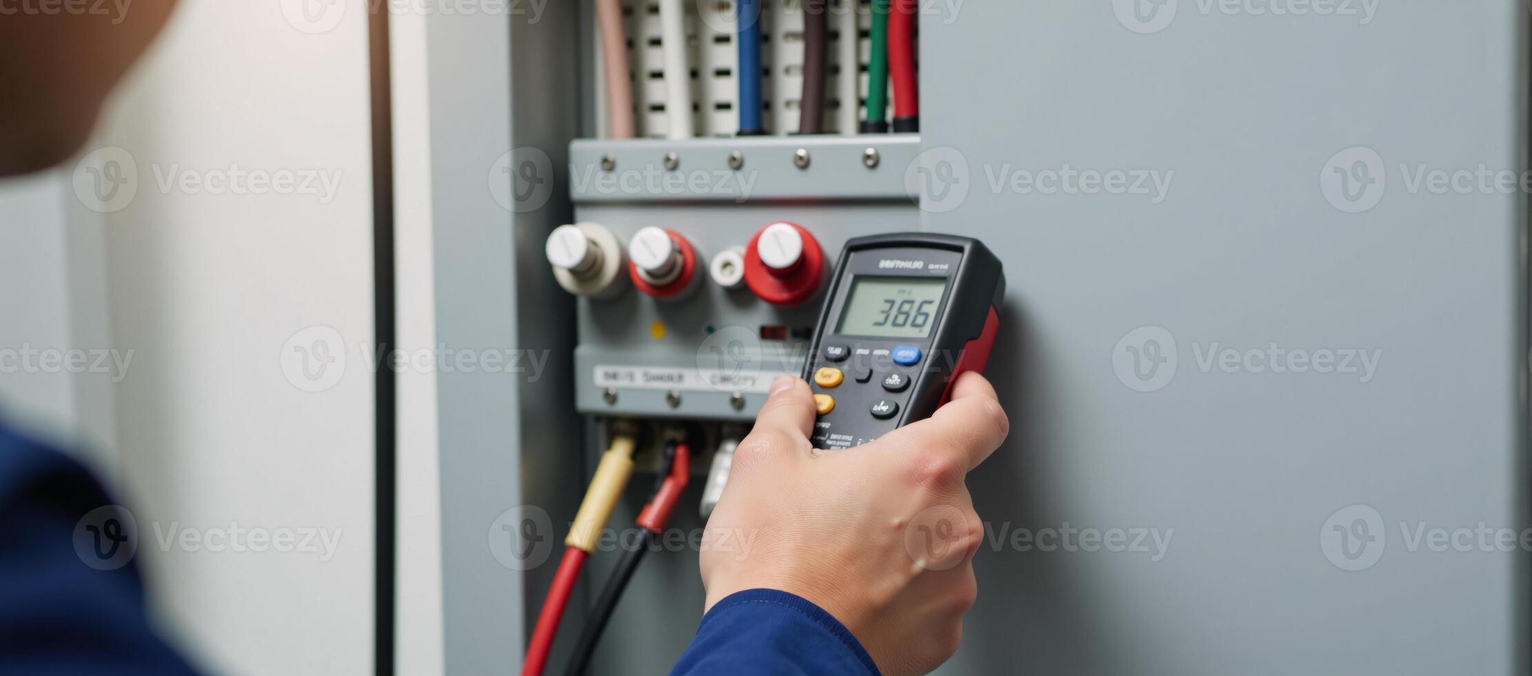 An engineer checks electricity using a voltmeter at a circuit breaker terminal photo