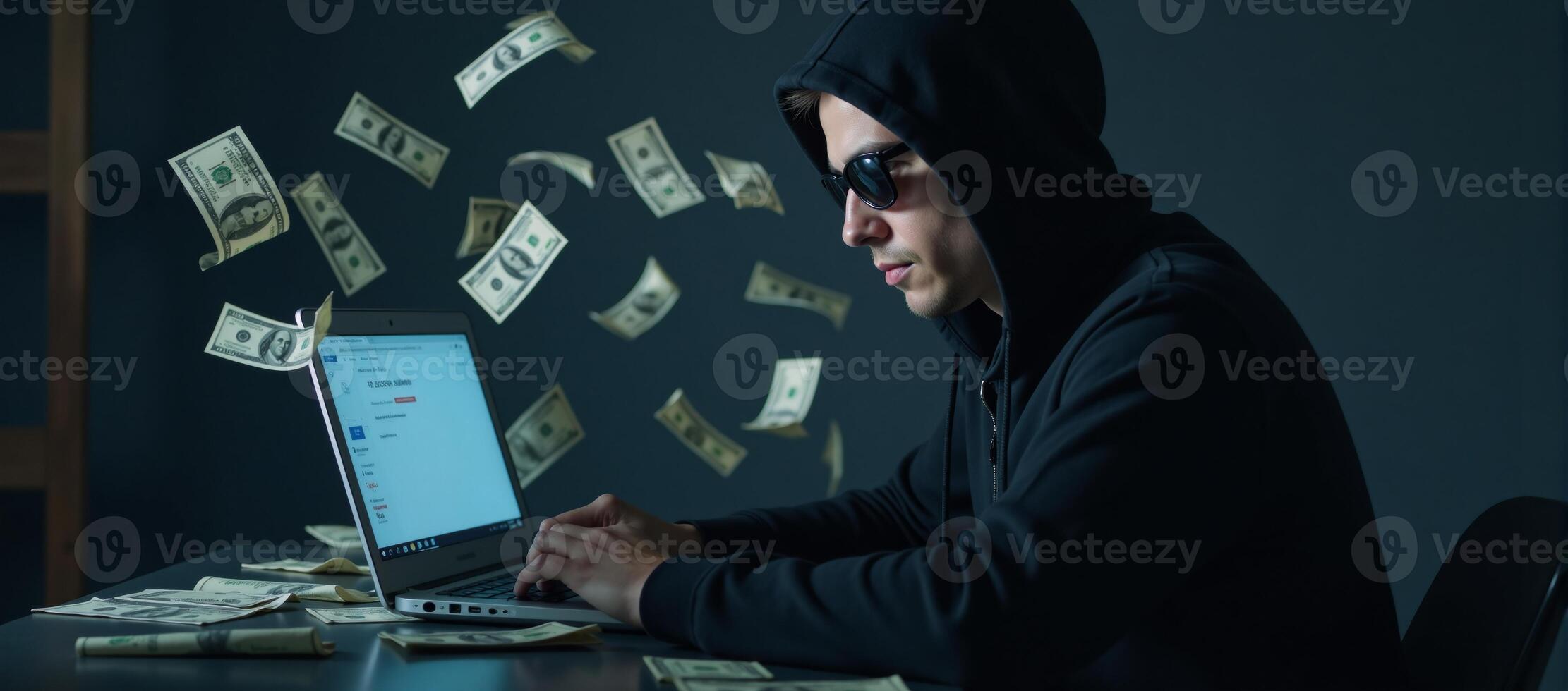 Hooded hacker steals money online through cyber crime and data theft Cyber Fraud Concept photo