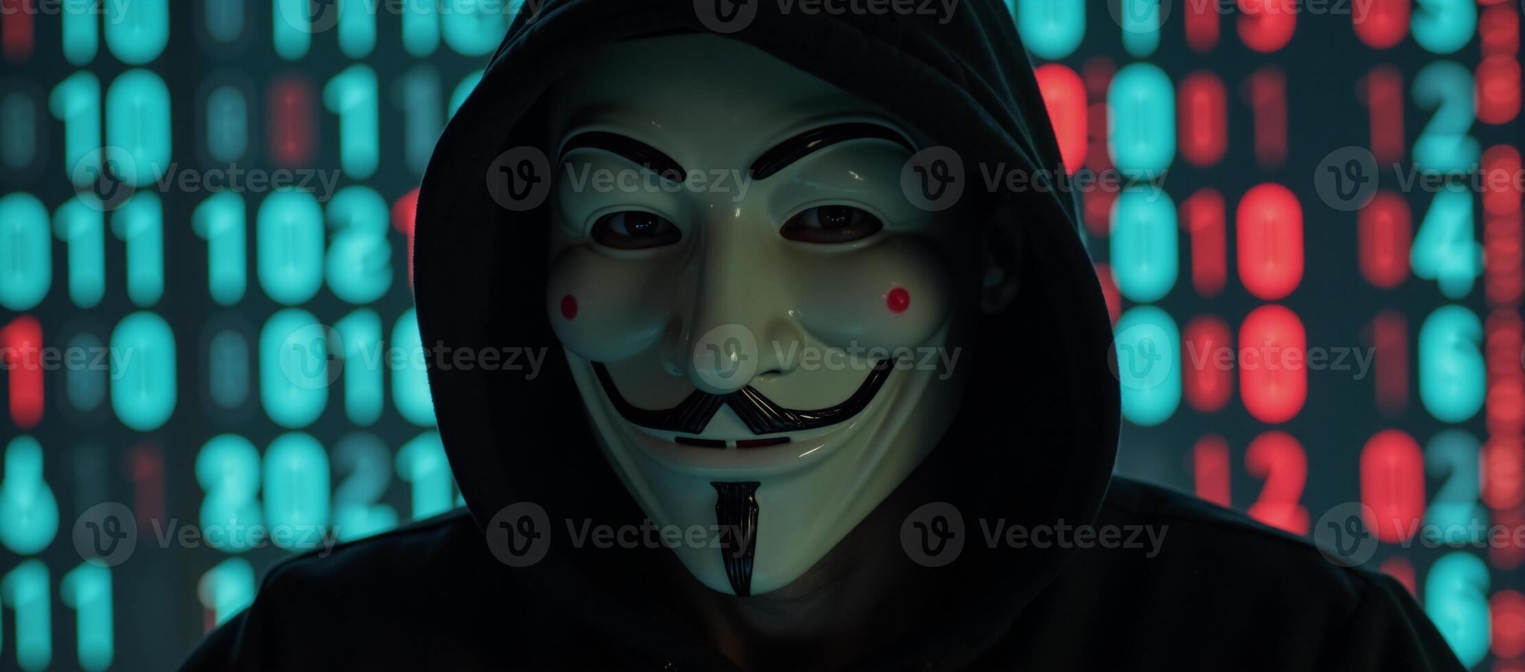 Digital art depicting a hacker wearing the Anonymous mask and hoodie amidst dark binary code backdrop photo