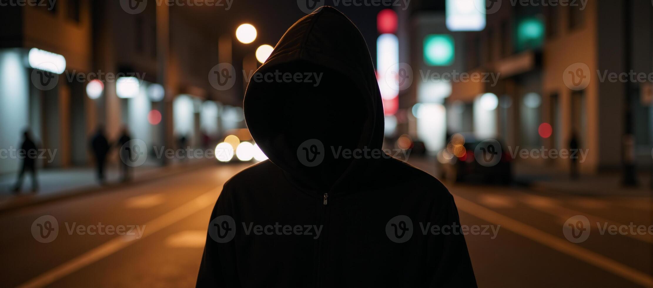 A faceless hooded figure stands mysteriously within an urban setting against backdrop of blurs lights photo