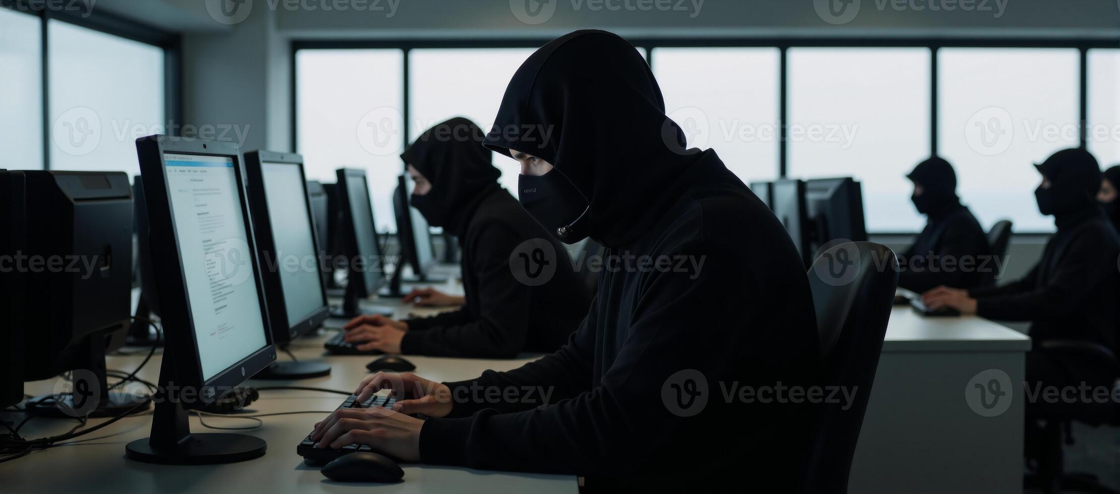 Call Center Scammers Criminals in masks and headsets at work with computers photo