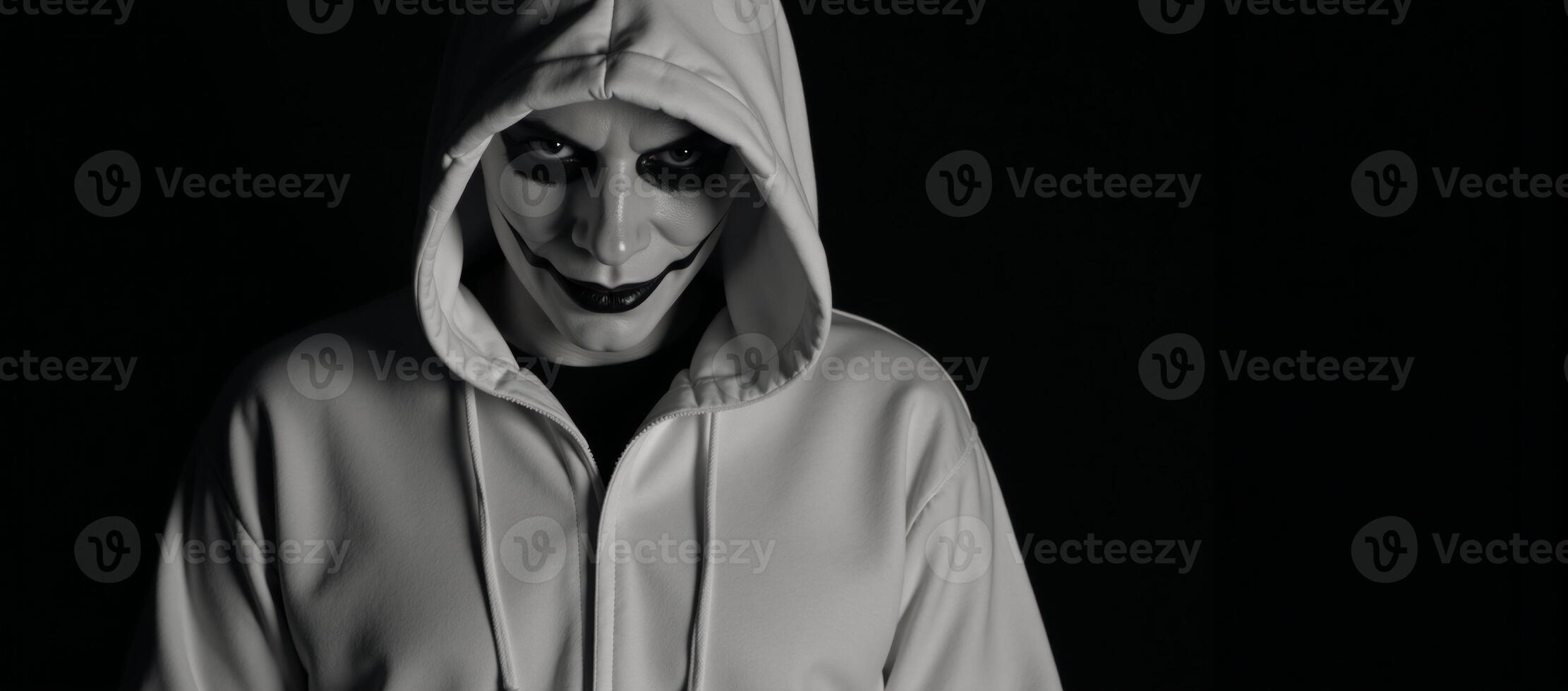 A Halloweenthemed portrait depicts an ominous figure a blackclad hooded man with sinister makeup hinting at his possible identity as a dangerous criminal lurking in the shadows photo