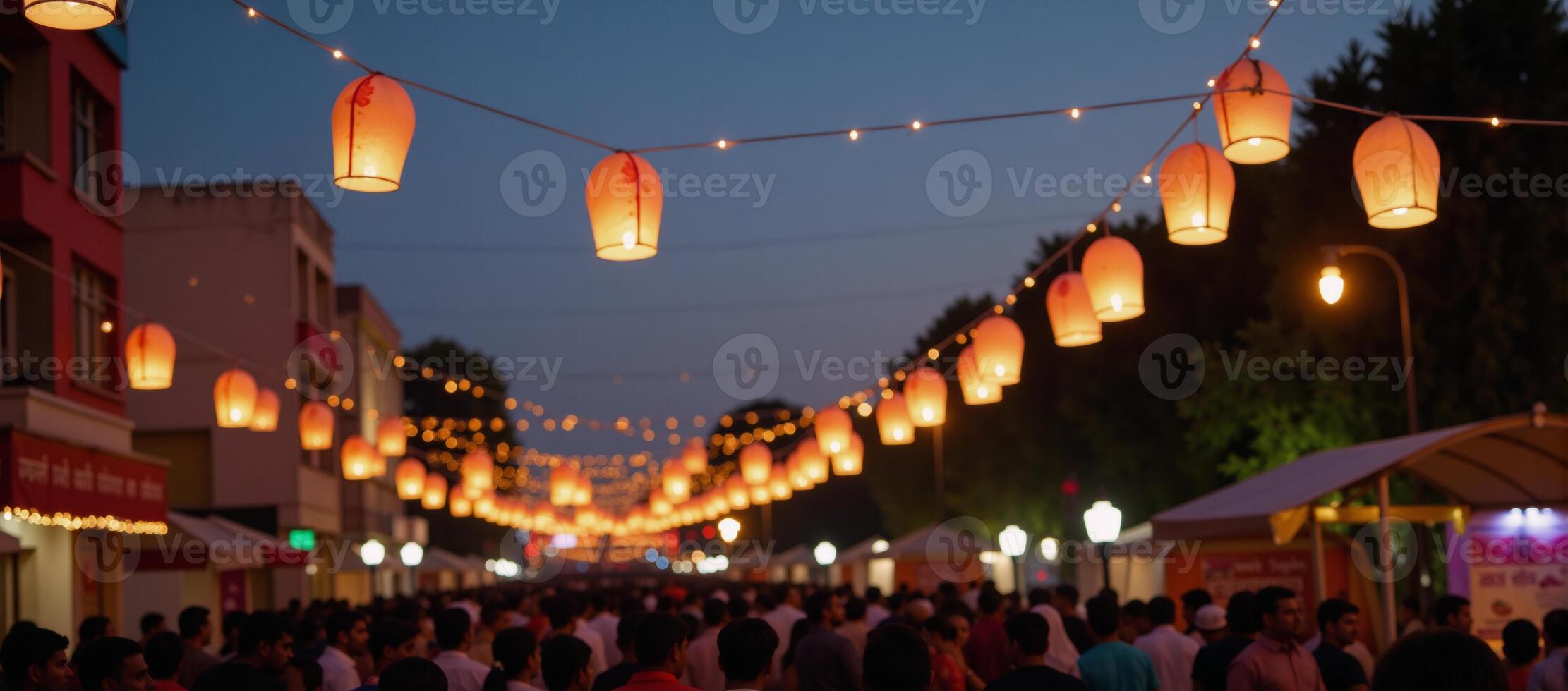Celebrating Diwali An evening featuring fireworks illuminating the night sky with flickering paper lanterns photo