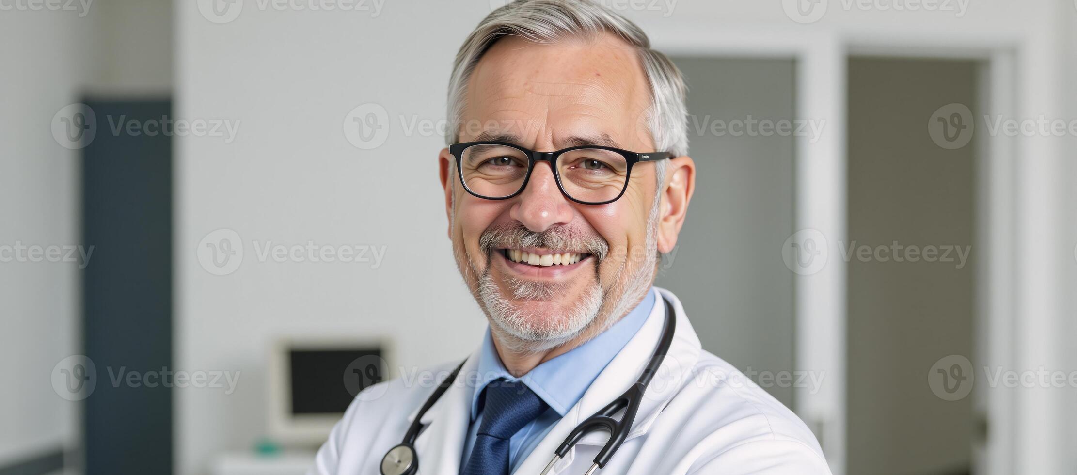 A confident caring elderly doctor beams warmth while dressed professionally in a medical setting photo