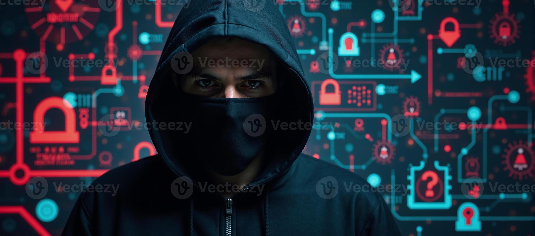 Illustrated cyber security scene with hacker in hoodie amidst encrypted data firewalls photo