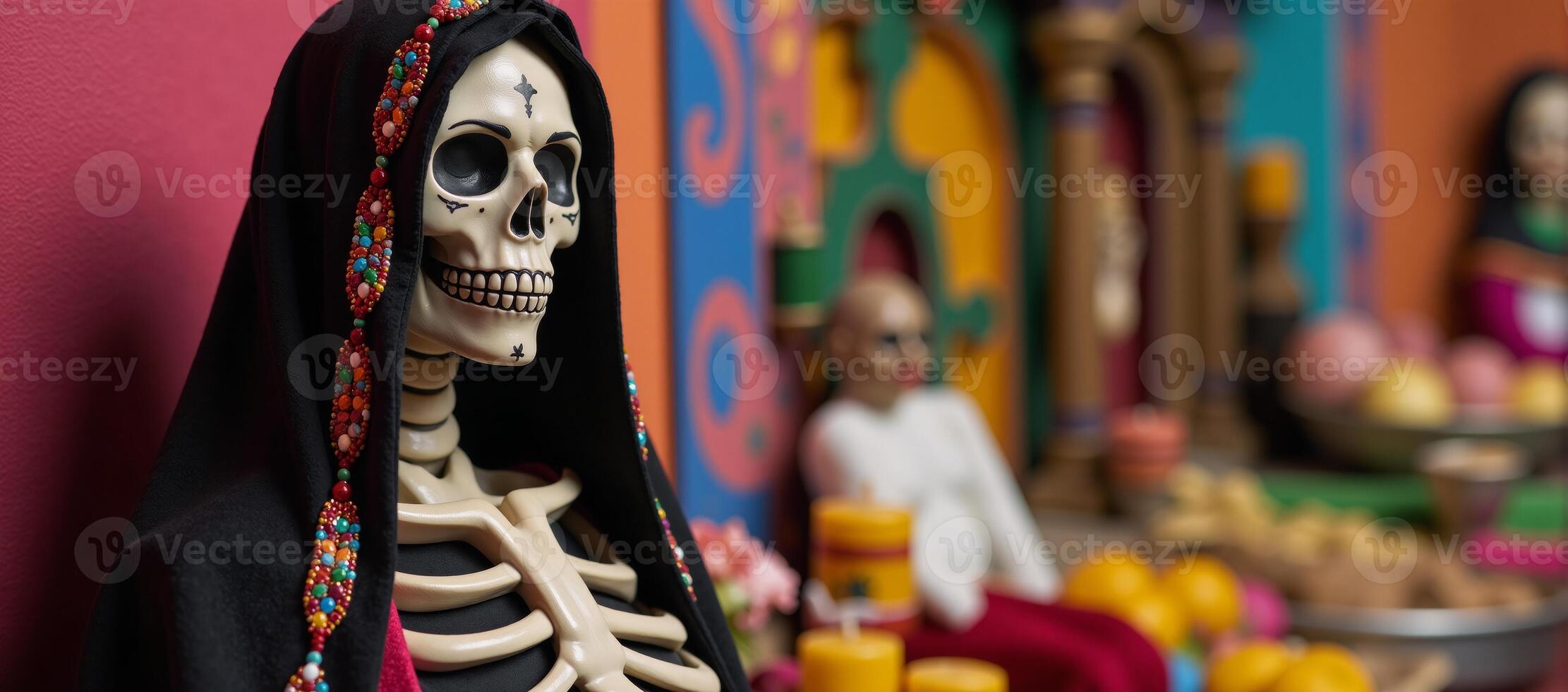 A depiction of La Santa Muerte as a skeletal figure with robed clothing and carrying a scythe or staff commonly associated with Mexican folklore photo