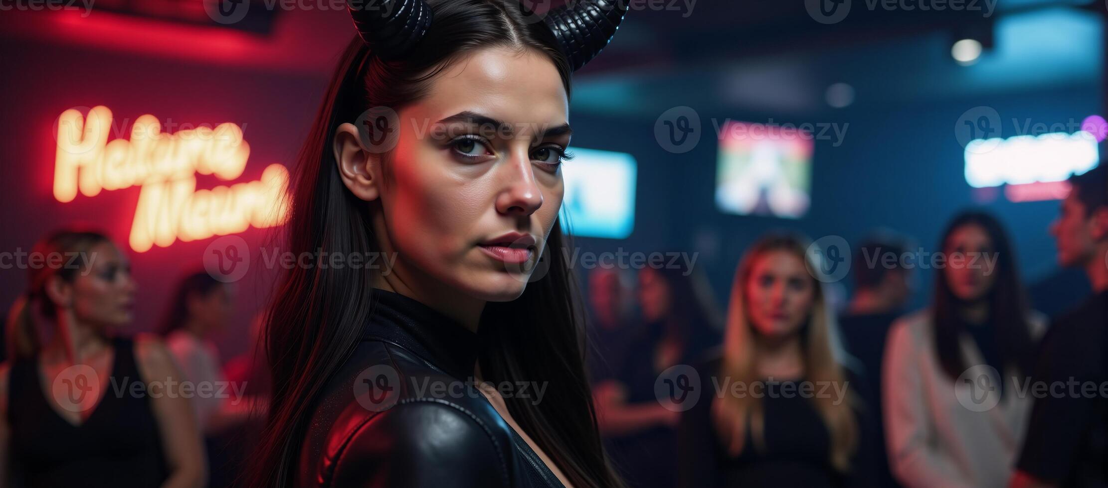 A woman wearing dark clothing and horns stands out amidst a nightclub setting photo