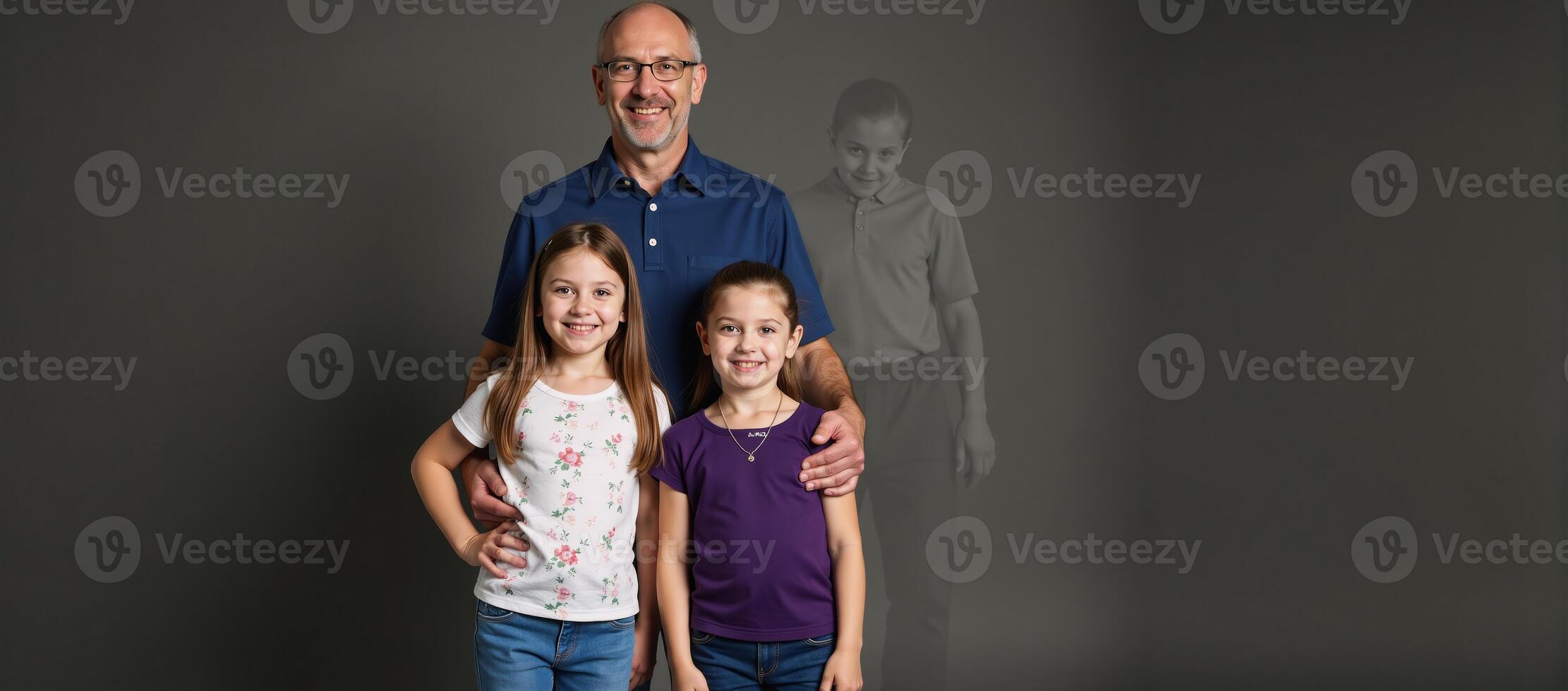 Children and their father gather with a translucent grandfather and the silhouettes of deceased relatives in a poignant depiction of familial connection photo