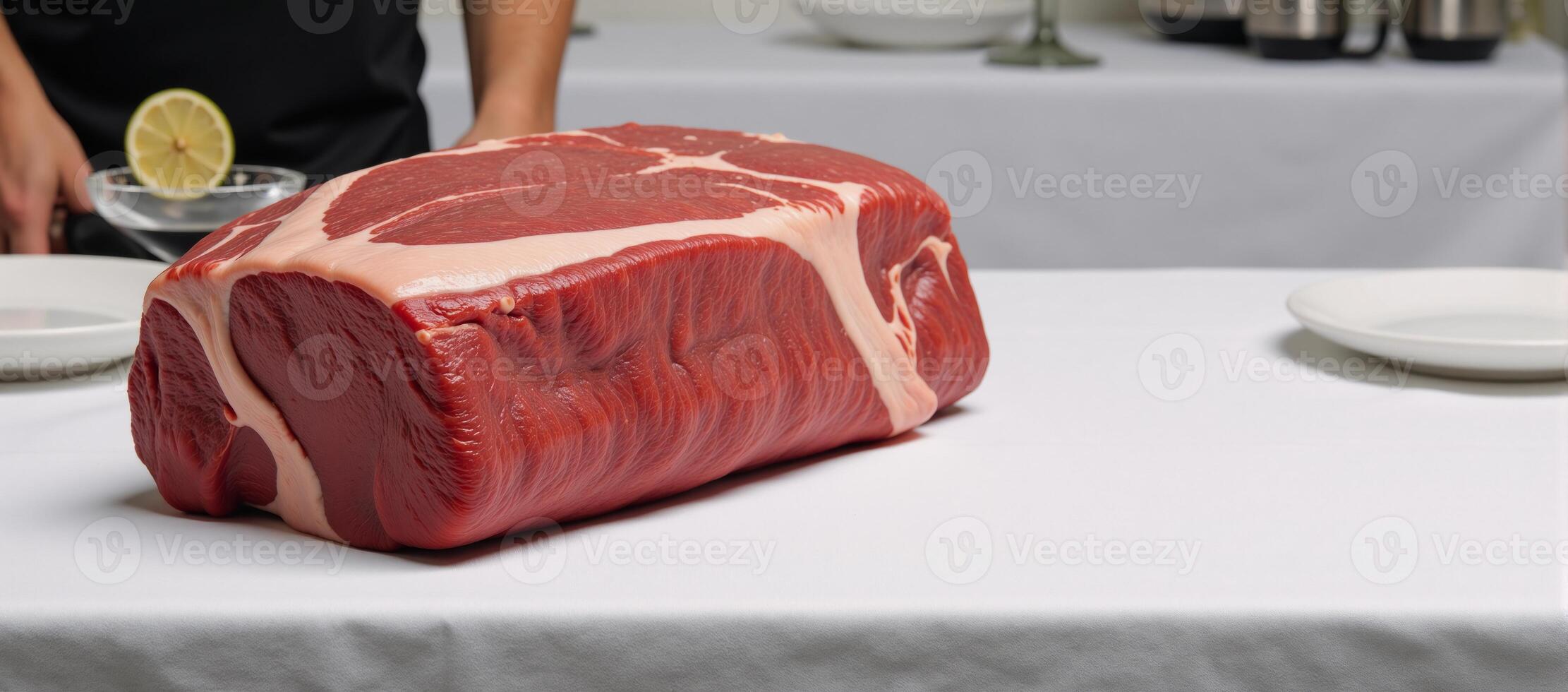 Raw beef carcass showcases on tableclothcovered table remains unprocessed and untouched photo
