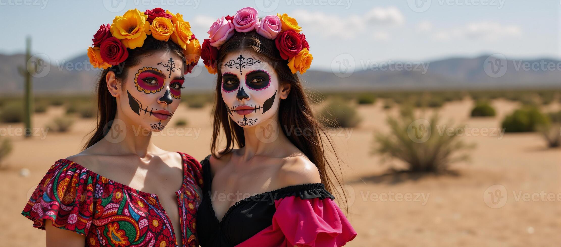 Dia de los Muertos depiction of two catrinas with sugar skull makeup in a barren Mexican desert landscape photo