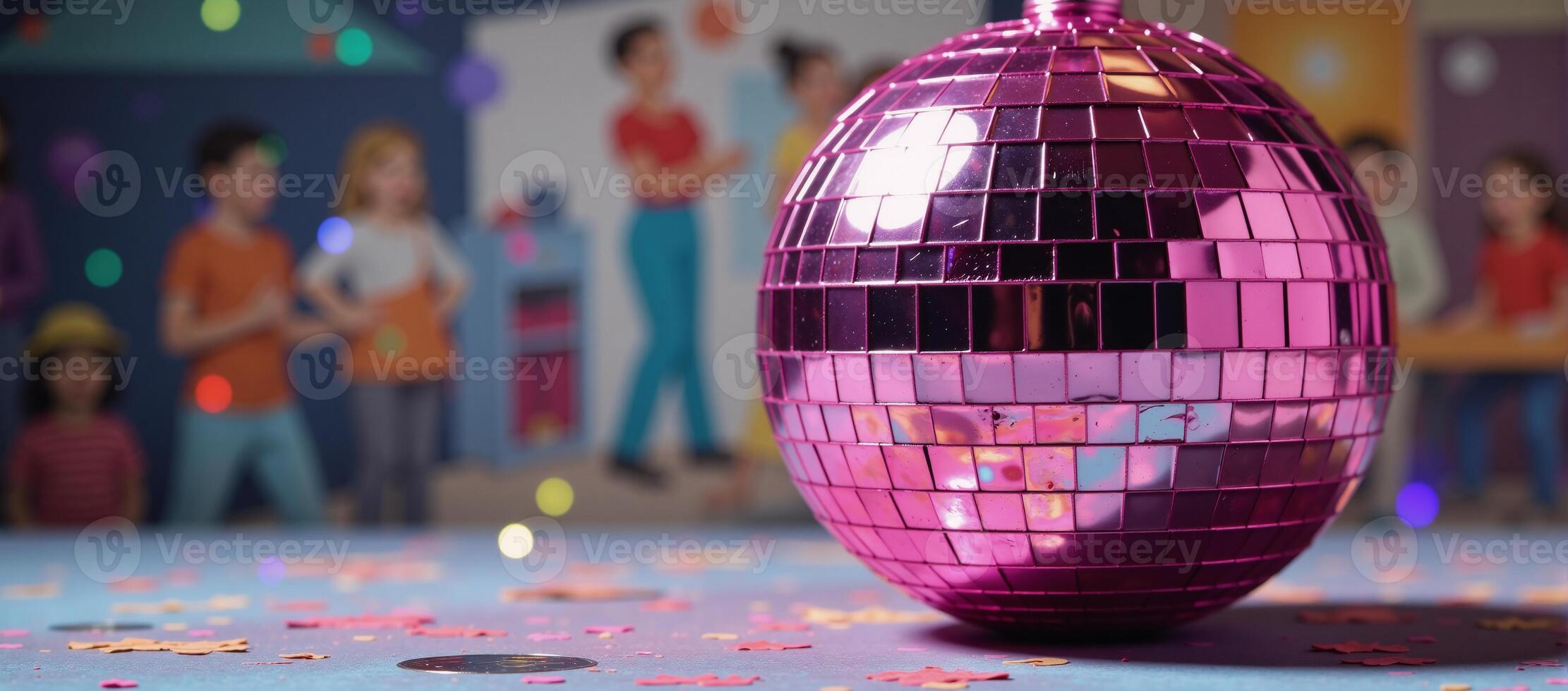 Pink disco ball adorned with colorful squares amidst sparkling confetti on an illustrated backdrop photo