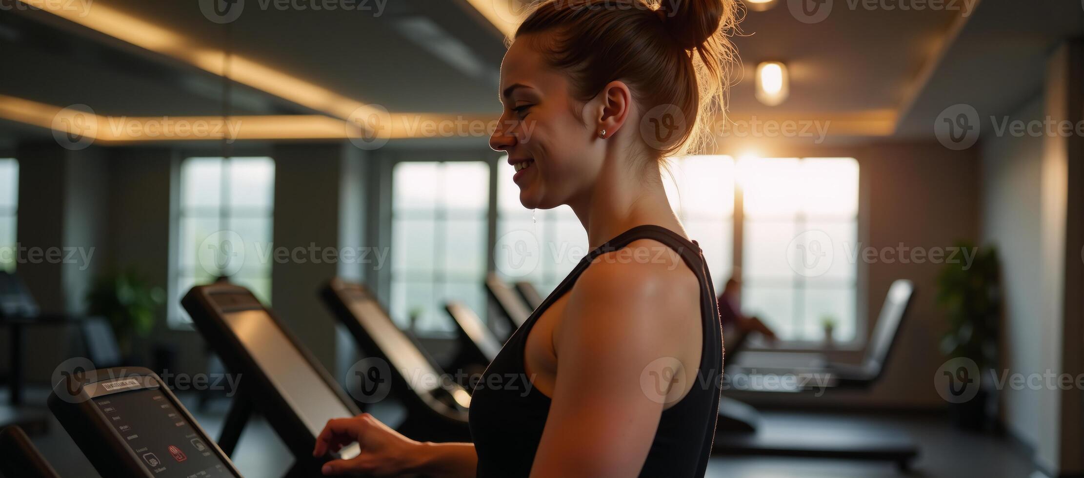 Gym interiors bathed in warm lighting feature fitness enthusiast working out on a treadmill amidst modern gym equipment promoting sporty motivation and active living photo