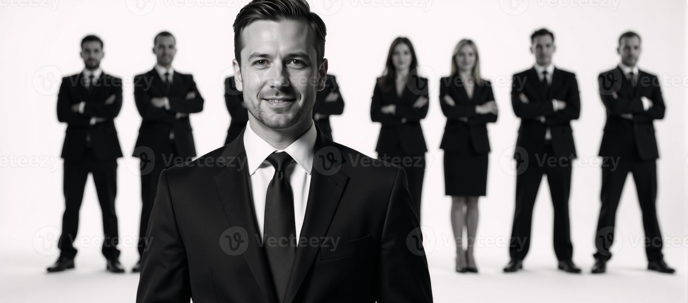 Professional man depicted with silhouetted coworkers symbolizing corporate leadership and unity photo