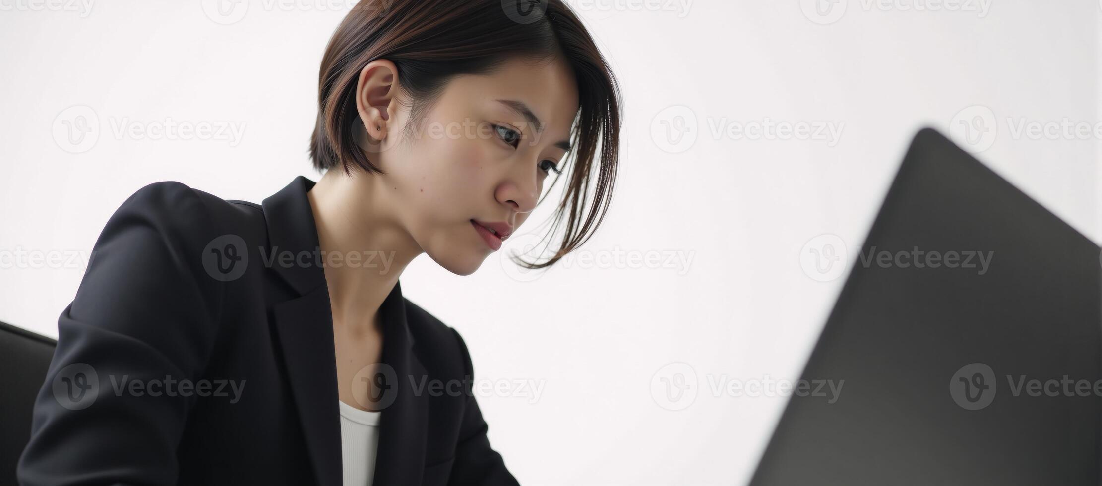 Asian woman in business attire holding a laptop at work photo