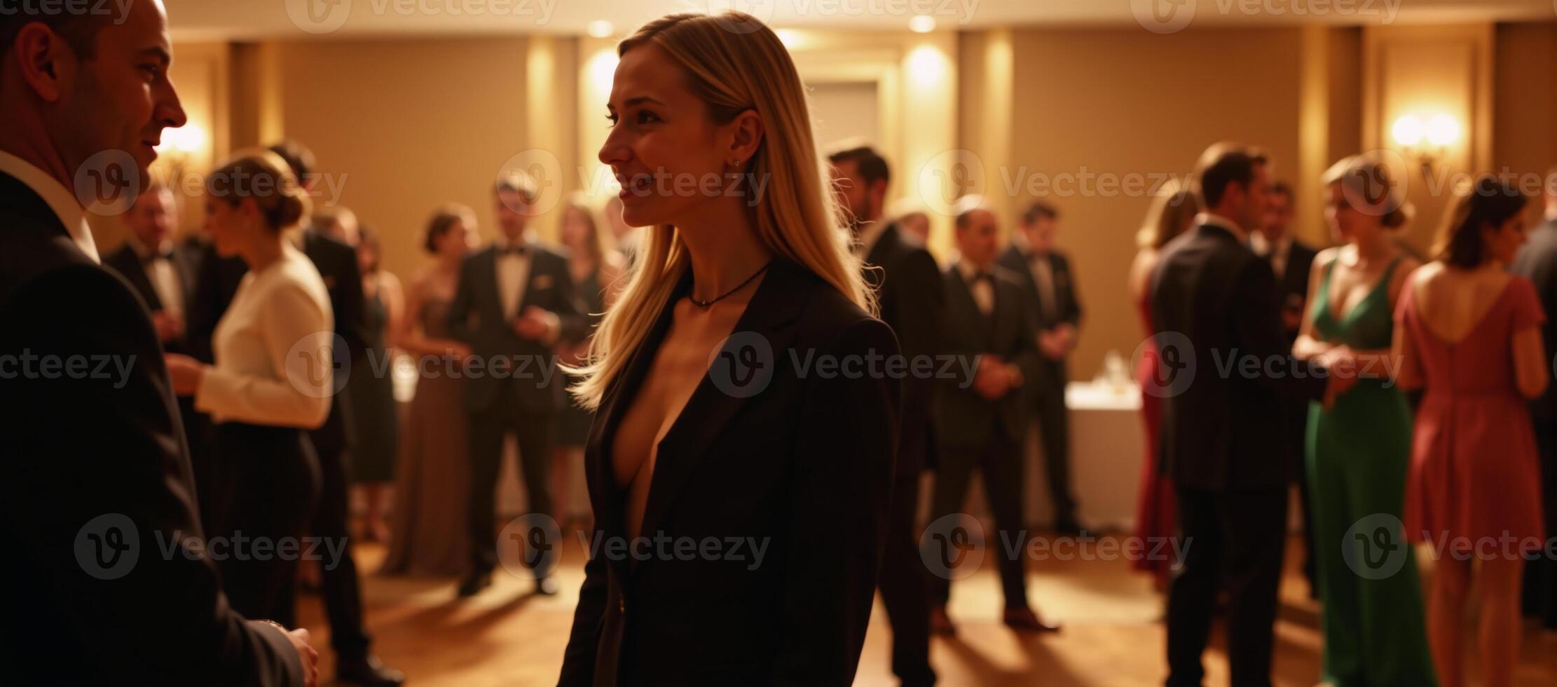 Party scene People in formal wear dancing against a blurred backdrop illuminated by golden lights and a bokeh effect photo