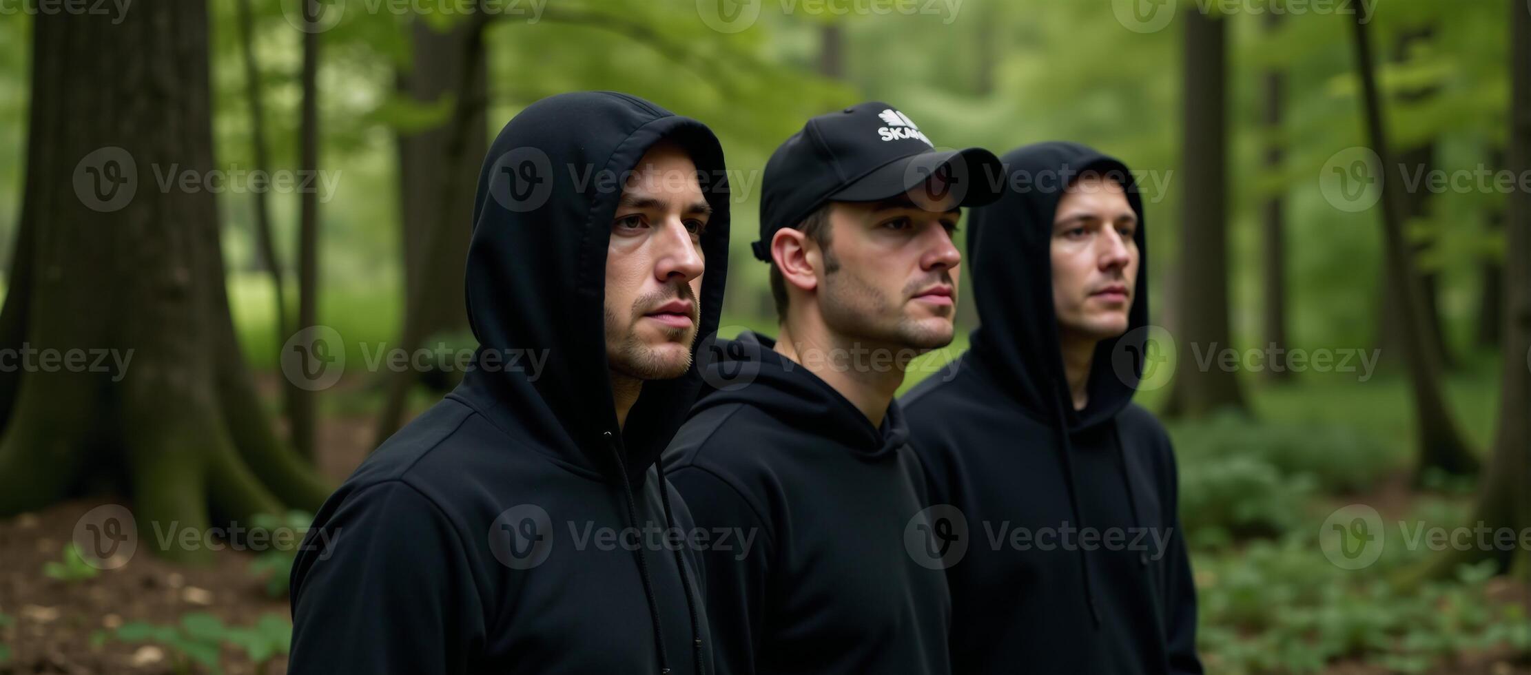 Three cloaked figures stand within a forest photo