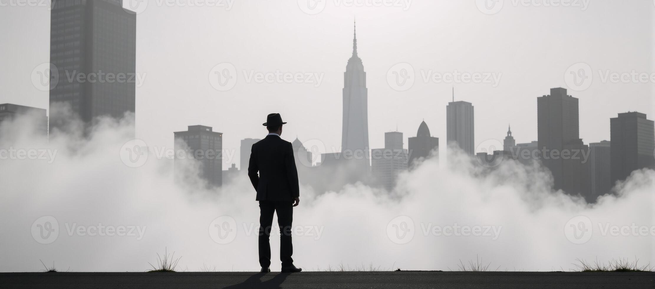 A silhouetted man stands in a city street amidst fog gazing at towering skyscrapers in an urban landscape photograph photo
