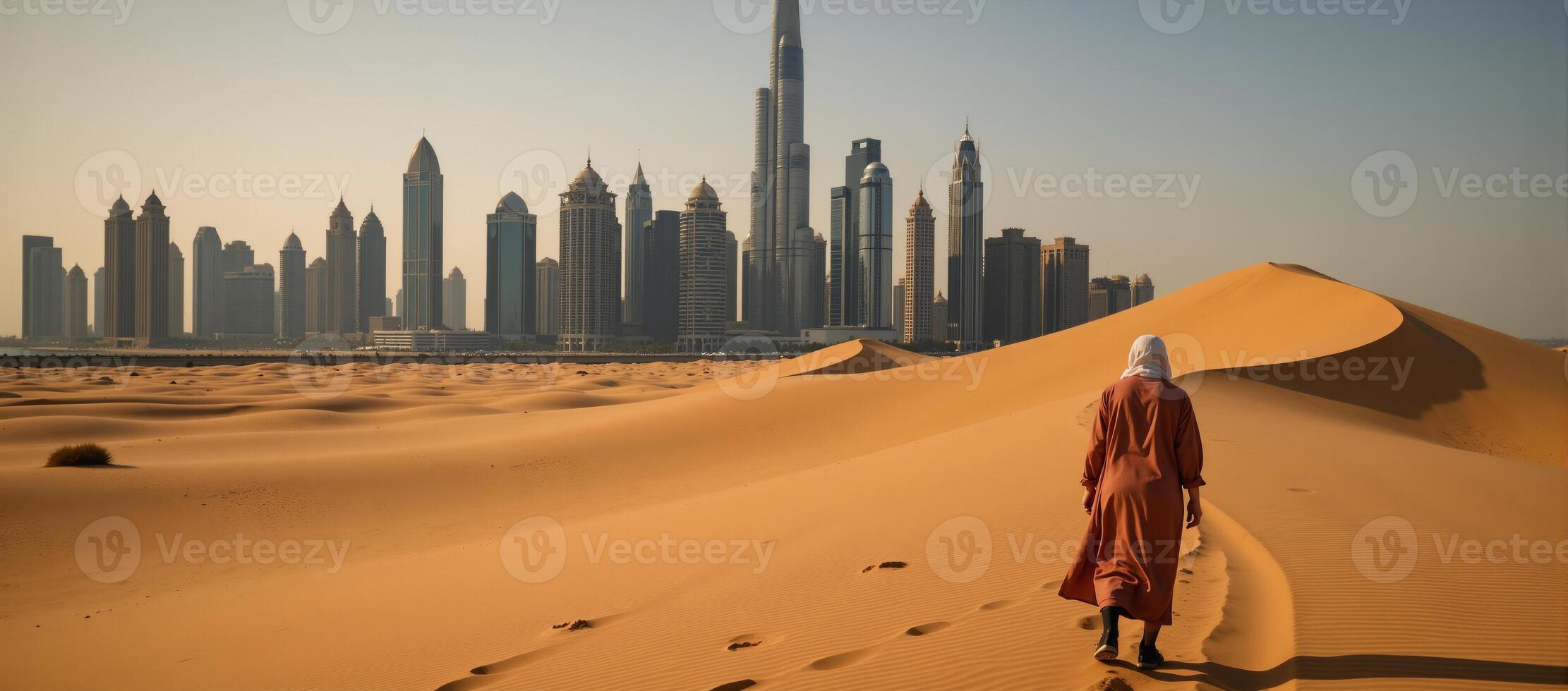 A birdseye perspective showcases a lone figure traversing sandy dunes towards the iconic Dubai skyline backdrop in the United Arab Emirates photo