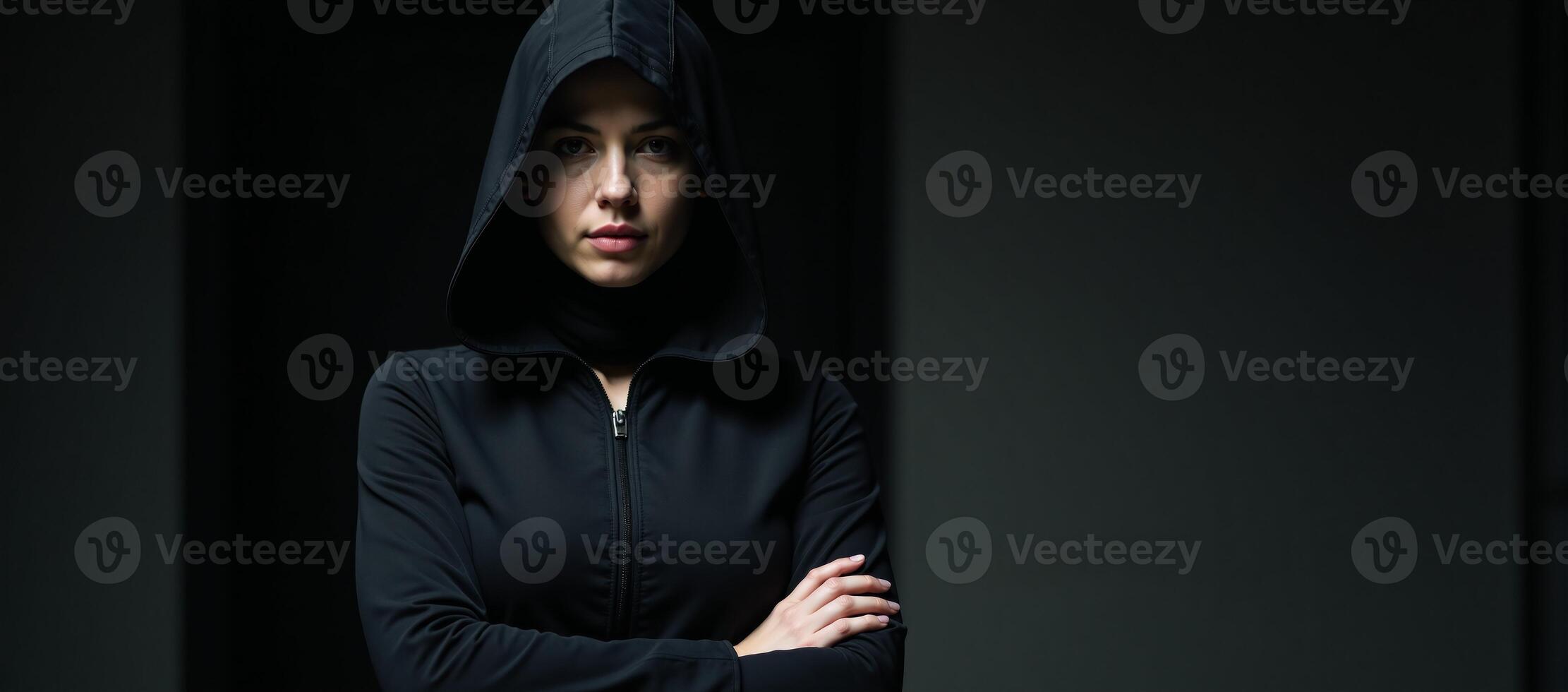 A mysterious woman cloaked as a rogue assassin veiled in silence photo
