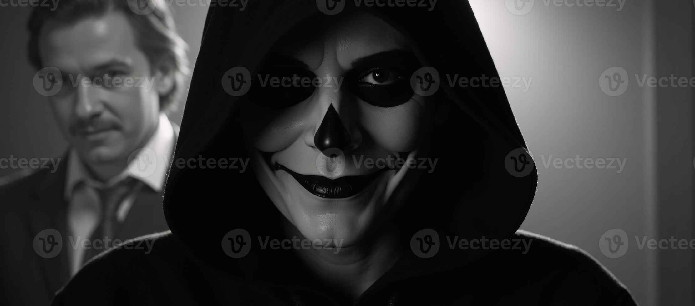 A Halloweeninspired image features a darkened setting with a hooded dangerous criminal lurking menacingly photo