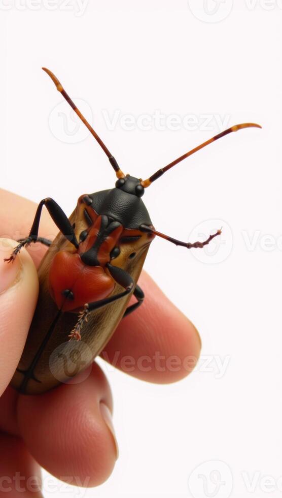 A photographic depiction of a kissing bug with an emphasis on intricate details of its body structure photo