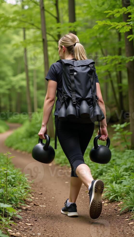 Woman undertakes a rucksack hiking tour for muscle training endurance building and cardio exercise in forest or park setting photo