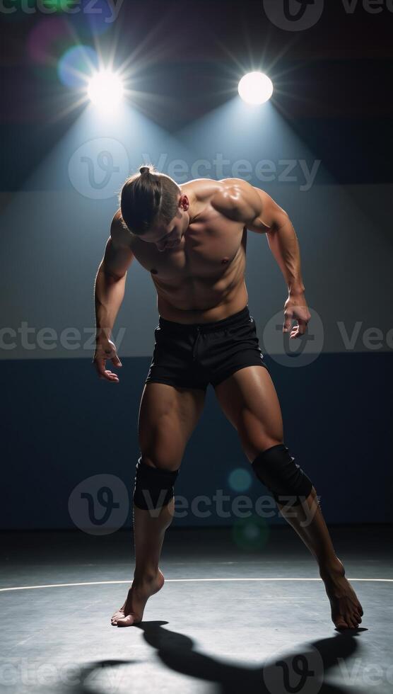 A wrestling setting backdrop showcasing dynamic light beams within a gym photo