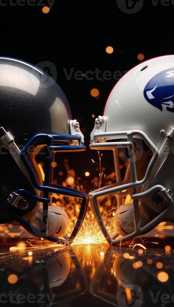 Dramatic showdown between two football helmets surrounded by sparks and flames photo