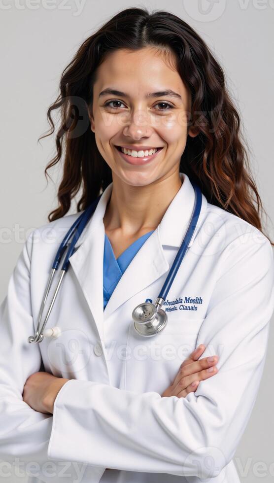 A selfassured yet friendly young doctor dons a white lab coat and stethoscope signifying professionalism and warmth photo