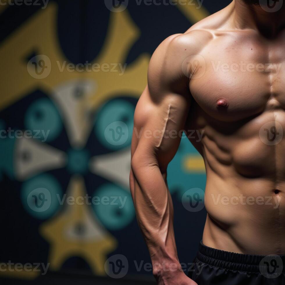 A gymthemed image featuring an abstract backdrop and a display of muscle strength through a muscular arm lifting weights photo
