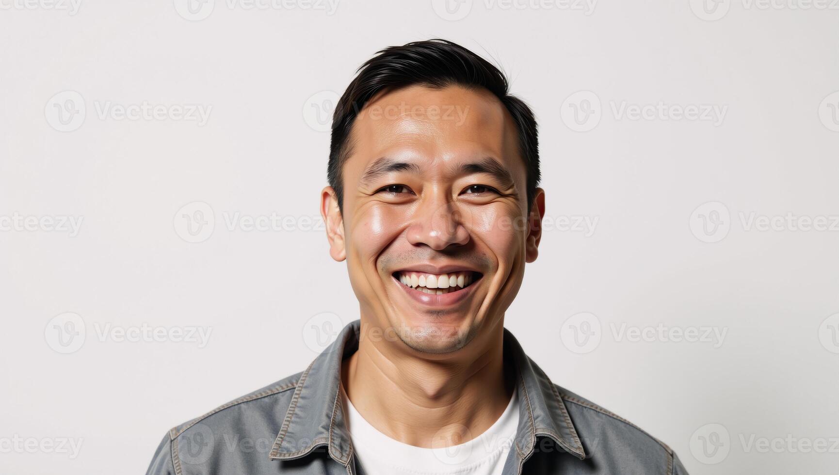 A Hawaiian man laughs uncontrollably at the camera against a simple white backdrop the background features an advertisement banner photo