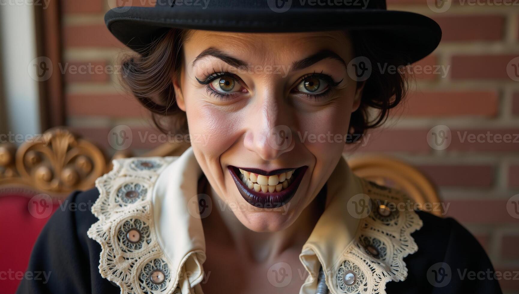 Closeup portrait of a 1930s circus performer featuring distress makeup exaggerated expression photo