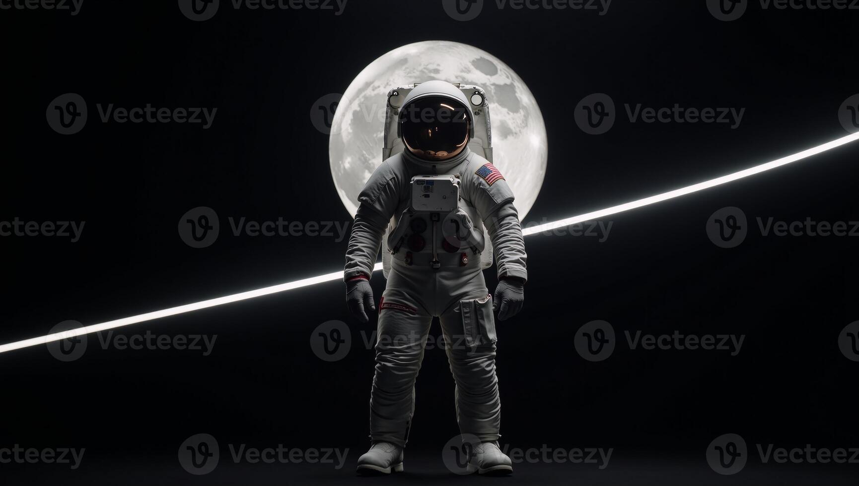 Astronaut figure framed by blackness with a crescent moons glow illuminating the scene photo