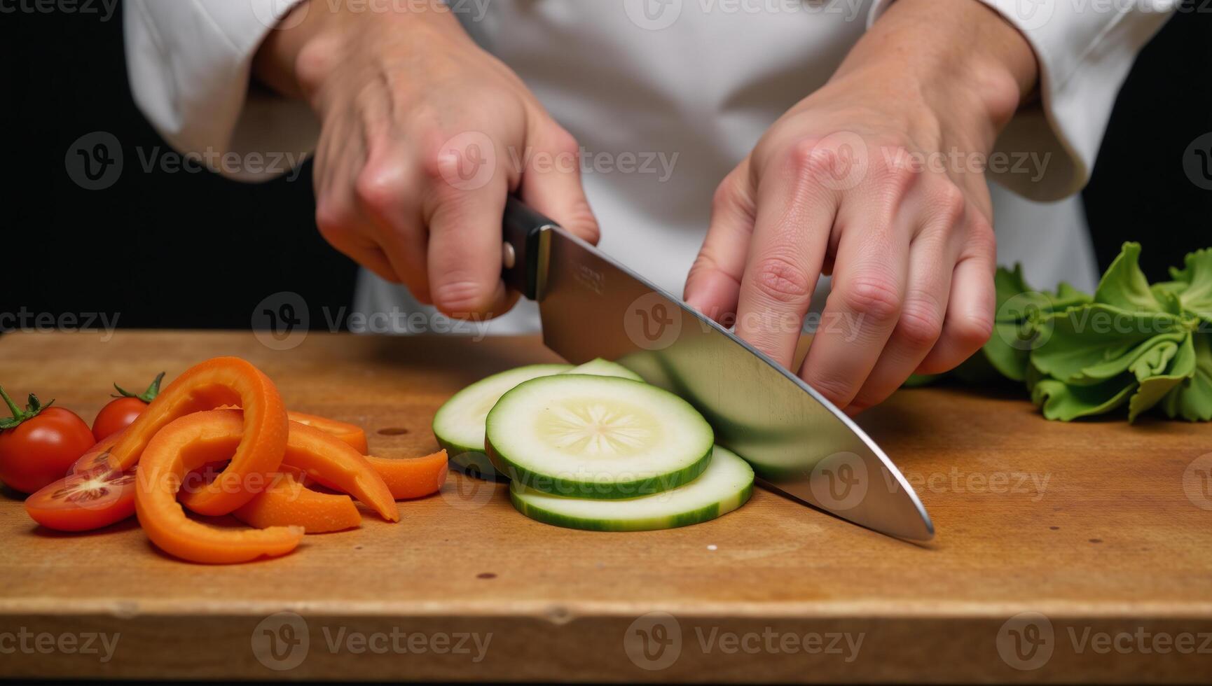Chef skillfully prepares fresh veggies with precision photo