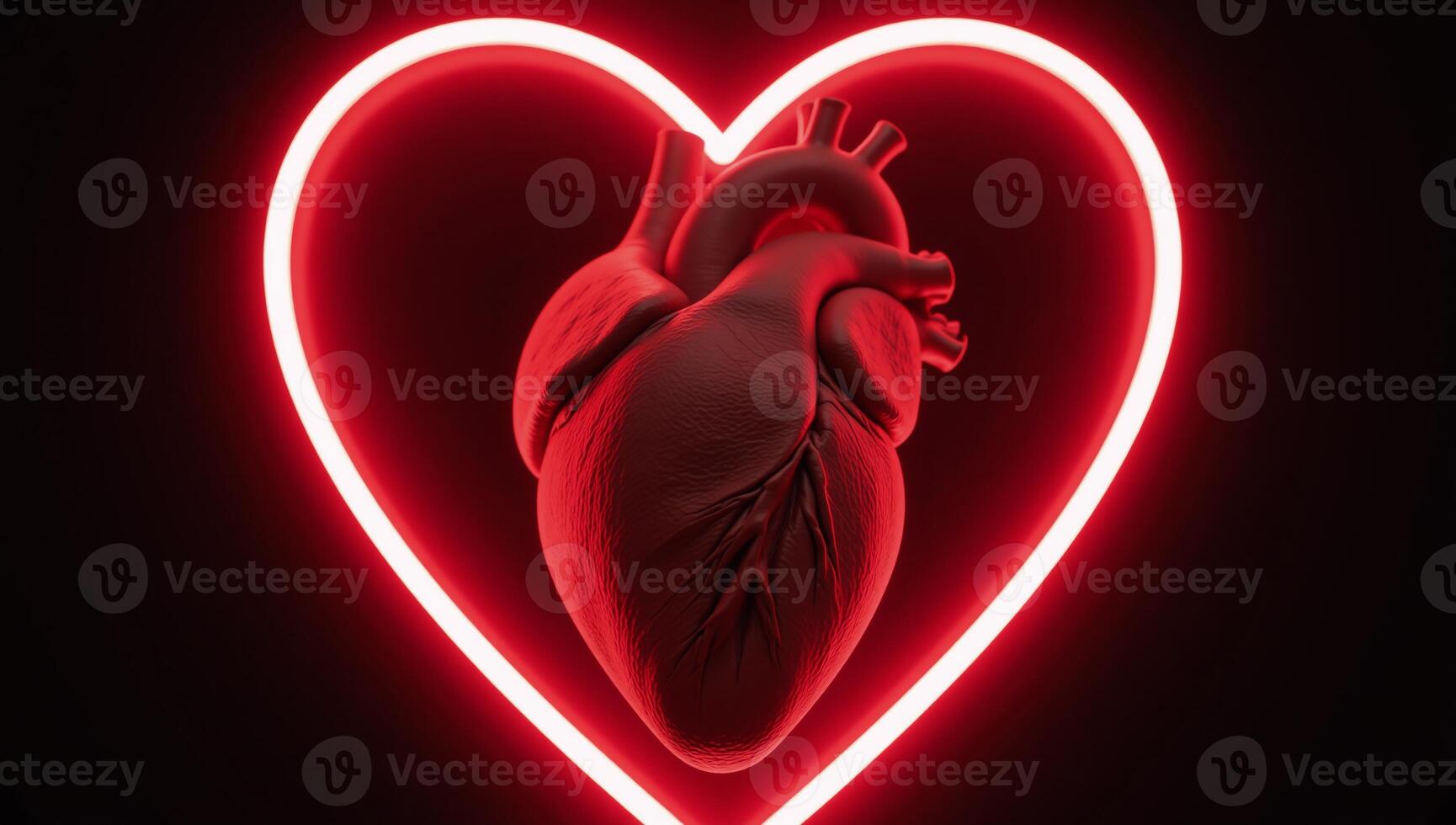Glowing Red Neon Heart Shape encompassing a broken crackridden human heart representing heartbreak or pain in a 3D render format photo
